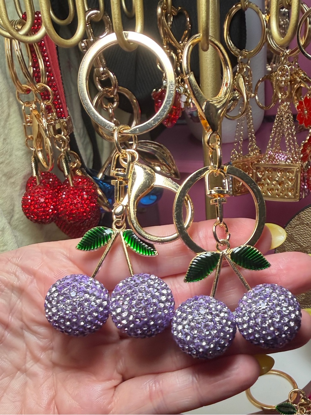 Sparkling Lavender Cherry Keychain Bag Charm - Women Jewelry